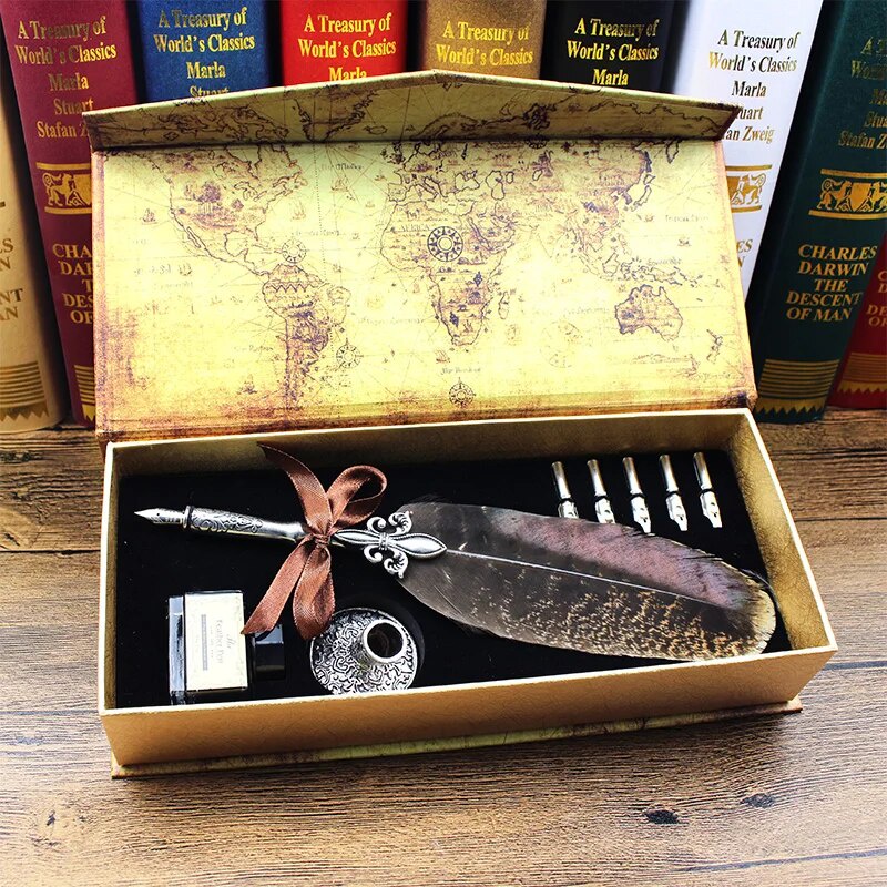 웃Calligraphy Feather Pen Dip Fountain Pen Quill Set Retro Gift Box