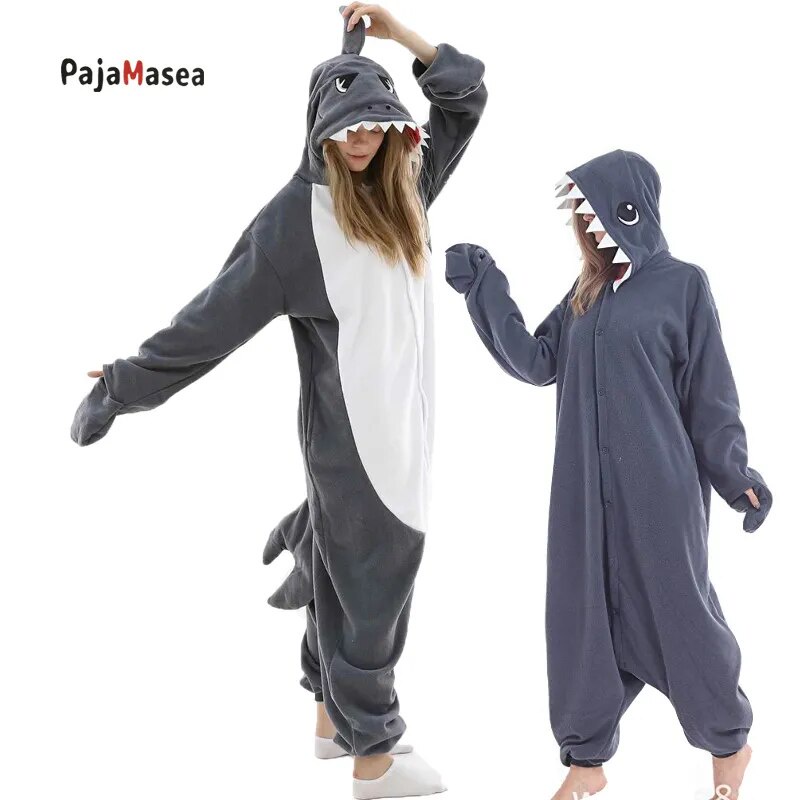 ♚PAJAMASEA Funny Men Grey Shark Cartoon Pyjamas Animal Onesie Adults Women  Men Couple One-Piece ☮O