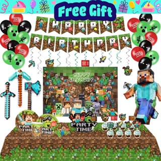 Minecraft Gaming Theme Kids Birthday Party Balloons Banner Cupcakes Topper  Sets