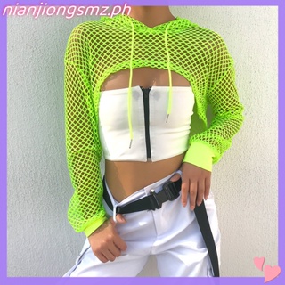 RUNNY Women Long Sleeve Mesh Fishnet Hoodie Crop Top Neon Solid Color  Hollow Out Drawstring Sweatshirt Pullover Cover Up