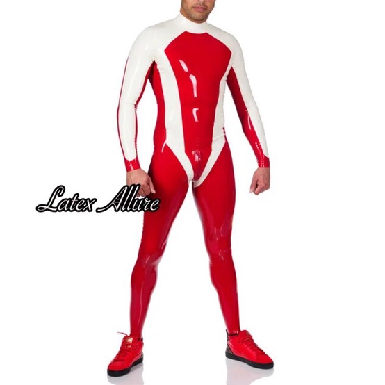 23Q Male 100% Latex Catsuit White and Red Rubber Bodysuits with Back ...