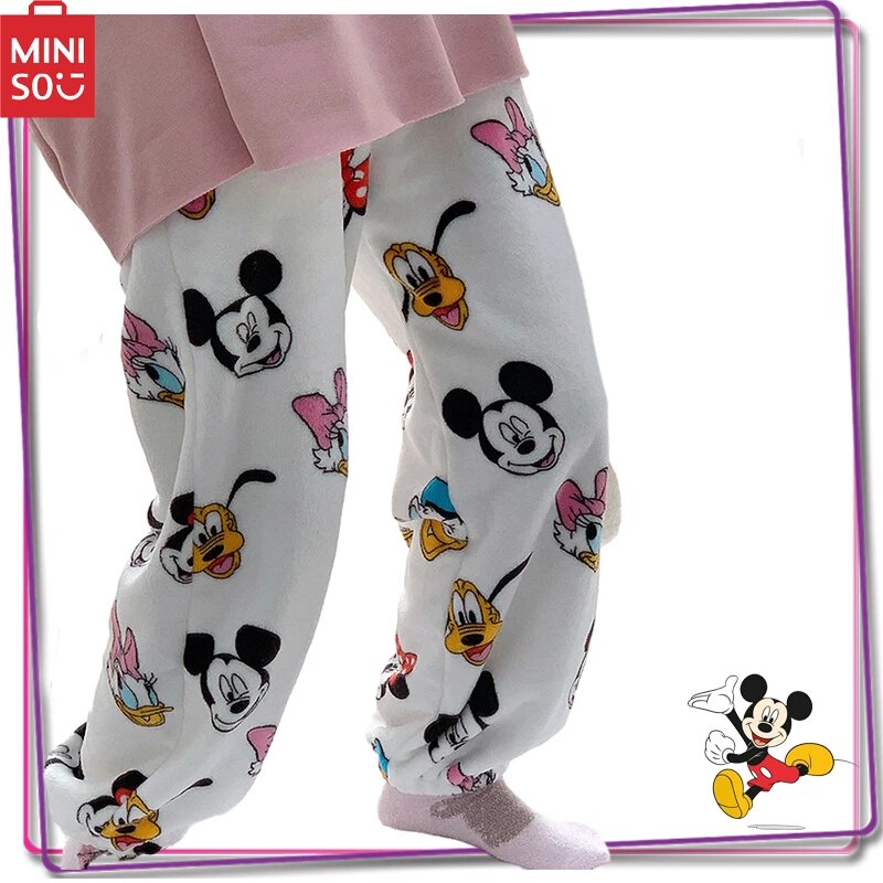 Miniso Mickey Mouse Women's Pajamas Pants Y2K Winter New Flannel Warm ...