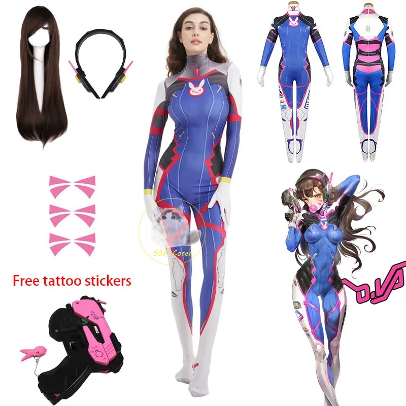 ☮dva Cosplay Costume Bodysuit Zenti Game Women Sexy Adult Jumpsuits Dva Wig Toy Gun Earphone Hal 