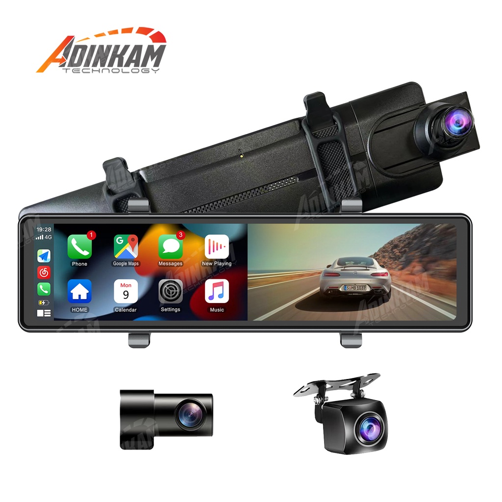 ADINKAM 12 Inch 3 Cameras Carplay & Android Auto Mirror Dashcam Support ...