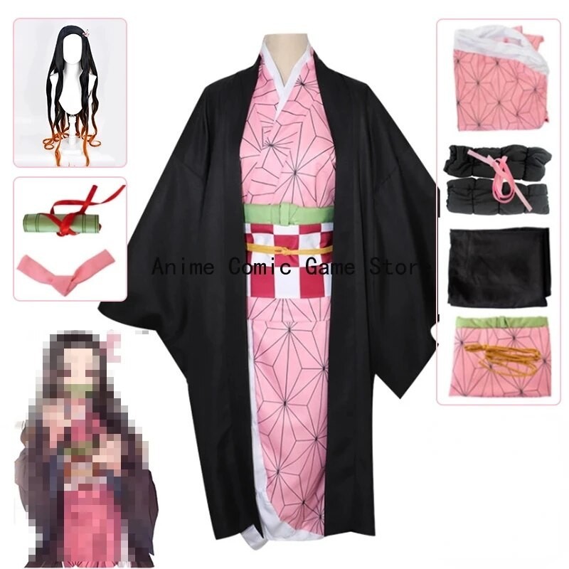 Nezuko Kamado Cosplay Costume Wig Full Sets Anime Kimono Uniform ...