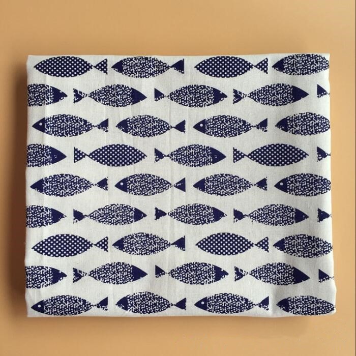 ☟small fish pattern printed linen cotton fabric for decorative cloth ...
