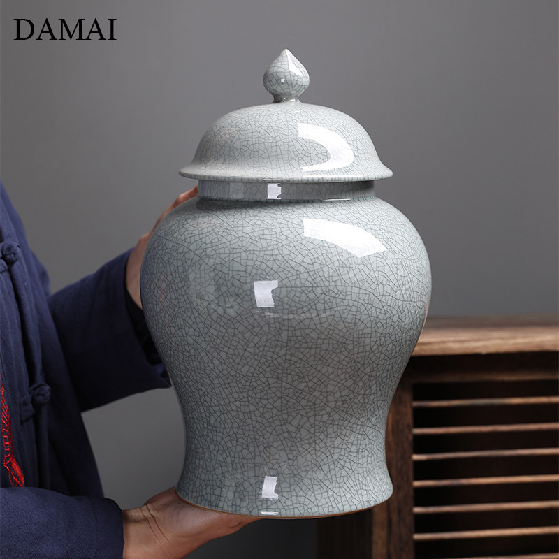 Chinese Vintage Ceramic Tea Container Simple Crack Decorative Blue and ...