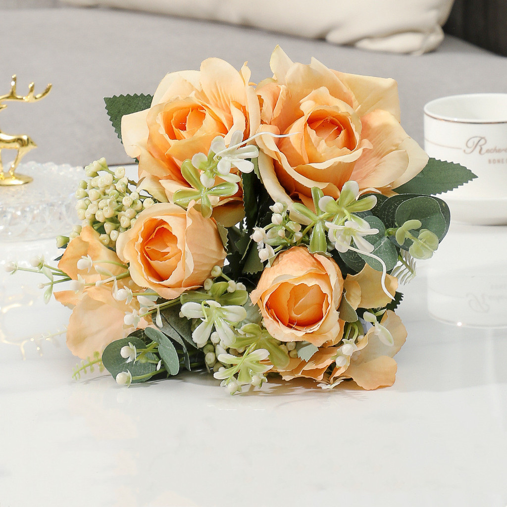 European Vintage Artificial Silk Rose Flower Bouquet Wedding Home Retro ...