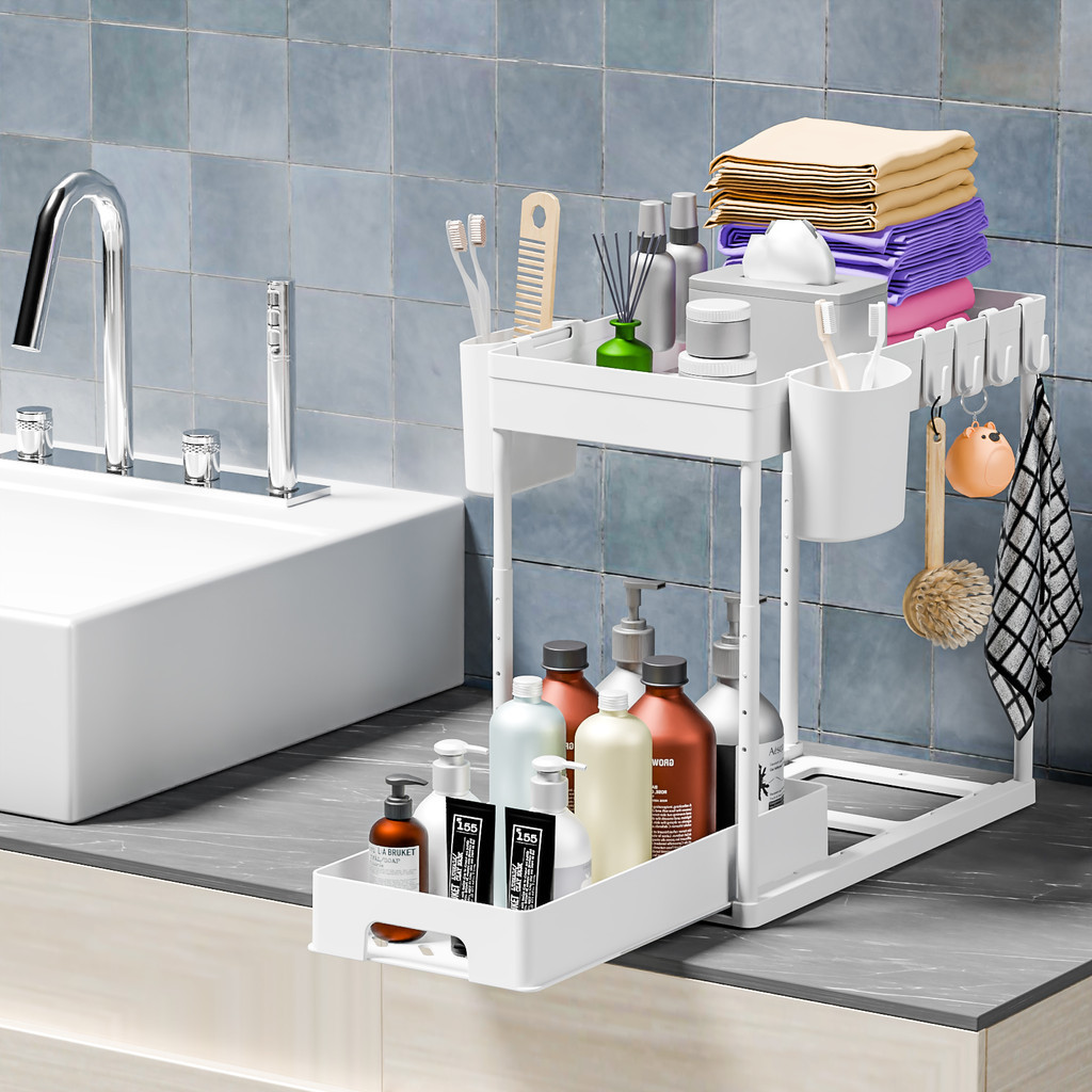 Double Layer Pull-out Organizer Storage with Telescopic Rod Kitchen ...