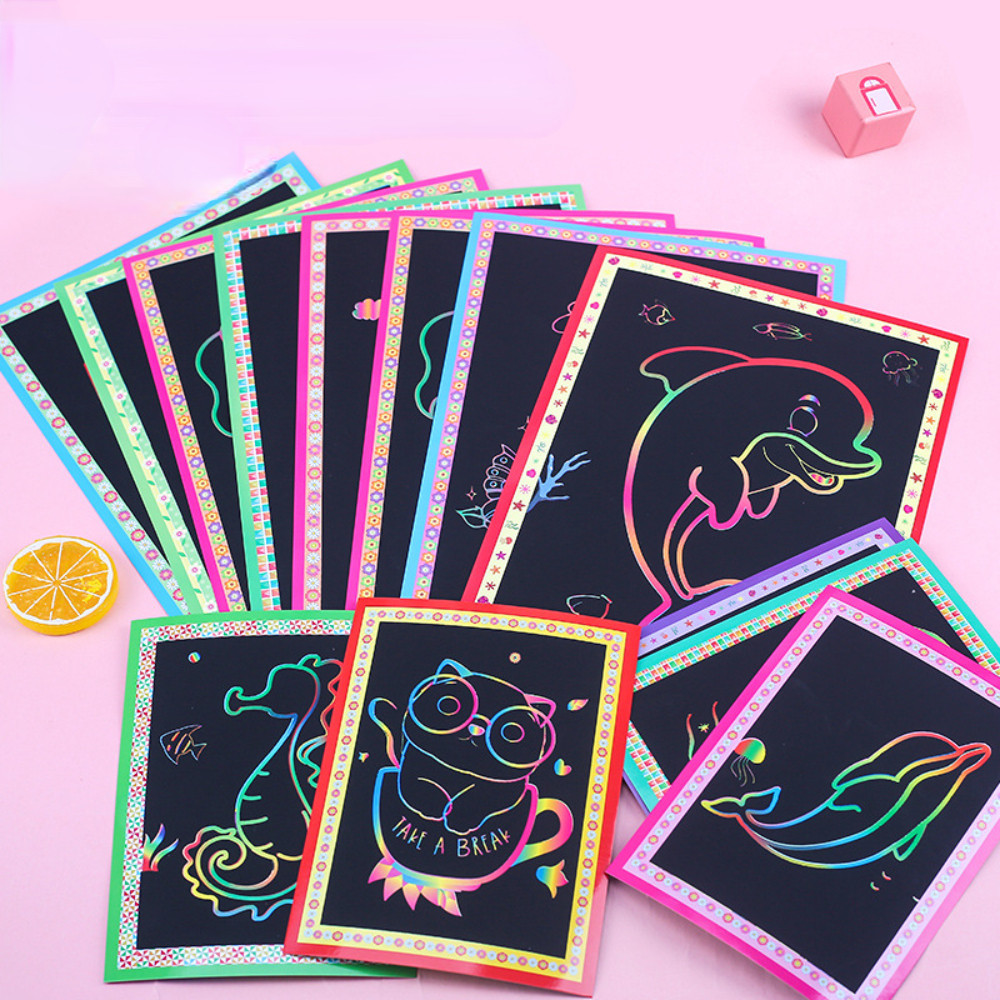 10 Sheets Magic Color Rainbow Painting Note Scratch Art Paper Cards