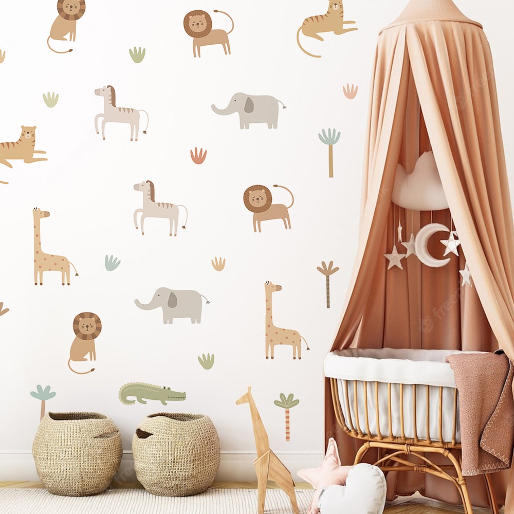 Cute Cartoon Safari Animals Lion Giraffe Elephant Nursery Wall Stickers ...