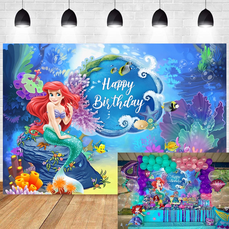 ☬little Mermaid Ariel Backdrop Girls Happy Birthday Party Under Sea Photograph Background Photo 0497