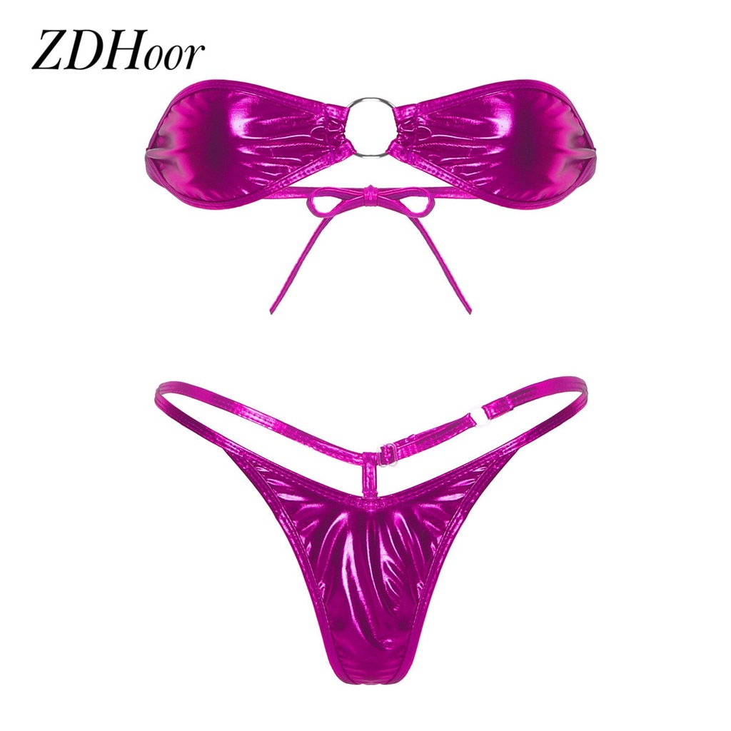 Dvd Women Exotic Lingerie Set Club Party Wear Shiny Metallic Micro Mini Bikini Set Strapless M 