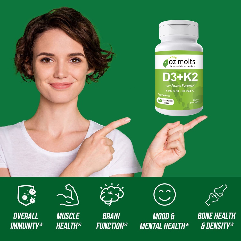 Ozmolts 5000IU Vitamin D3 + 120mcg Vitamin K2 Chewables Promote Calcium