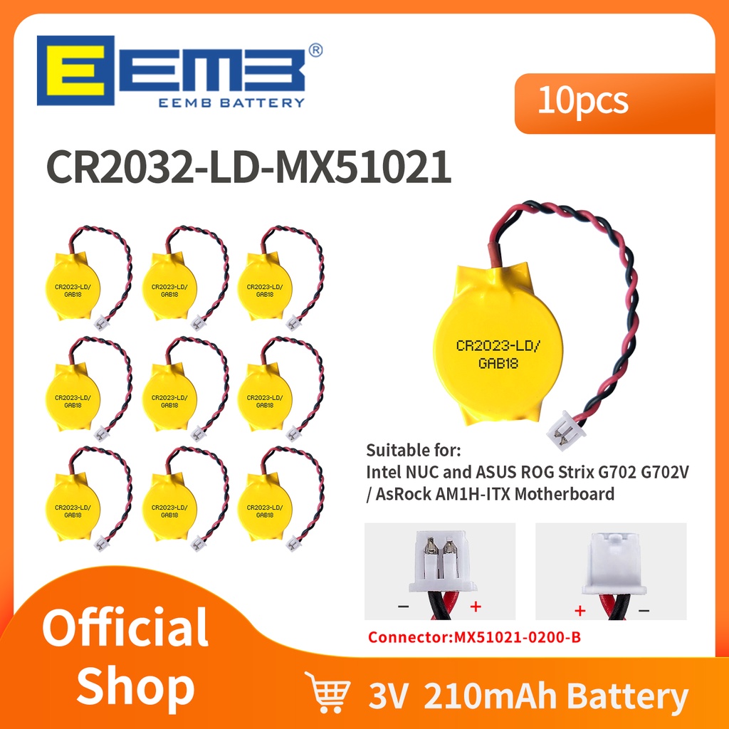 ☈10PACK EEMB 3V 2Pin CR2032 Battery with Wire CR2016 CMOS Battery