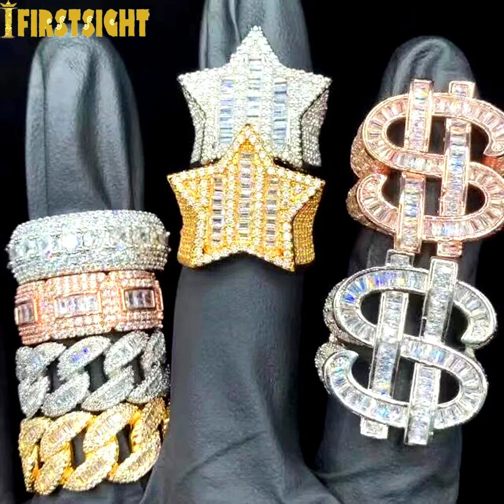 ⚜2023 New Dollar Sign Ring Gold Silver Color Iced Out Bling Cubic Zirconia Money Rapper Rock Str 1555