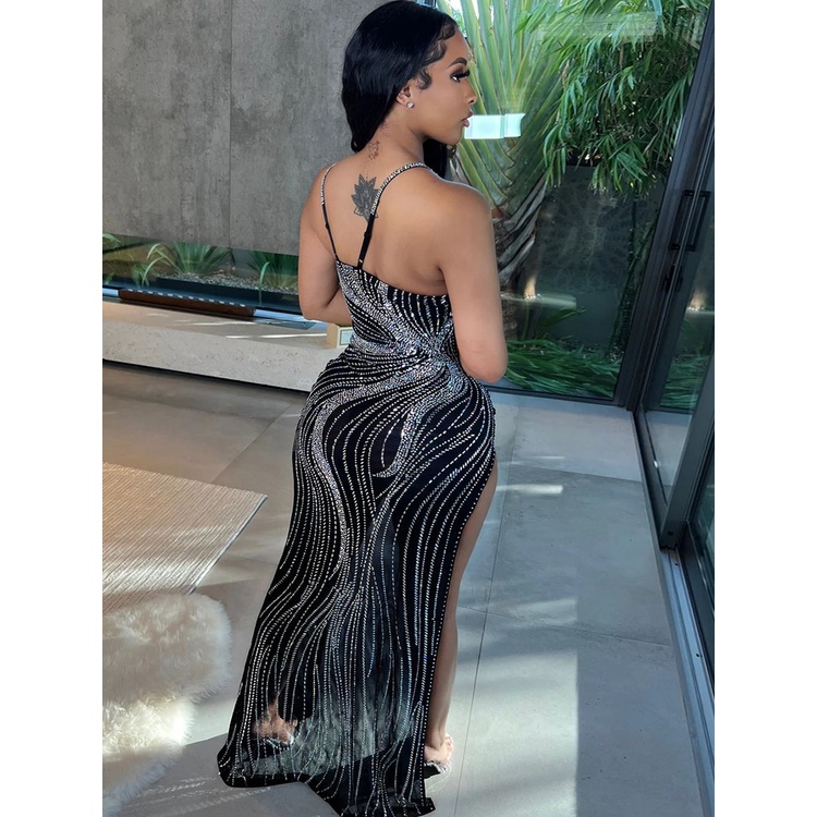 Luxury Black Crystal Long Maxi Dress Gown Sparkle Mesh Patchwork High Slit Party Club Dress Birthday Outfits Night Wear
