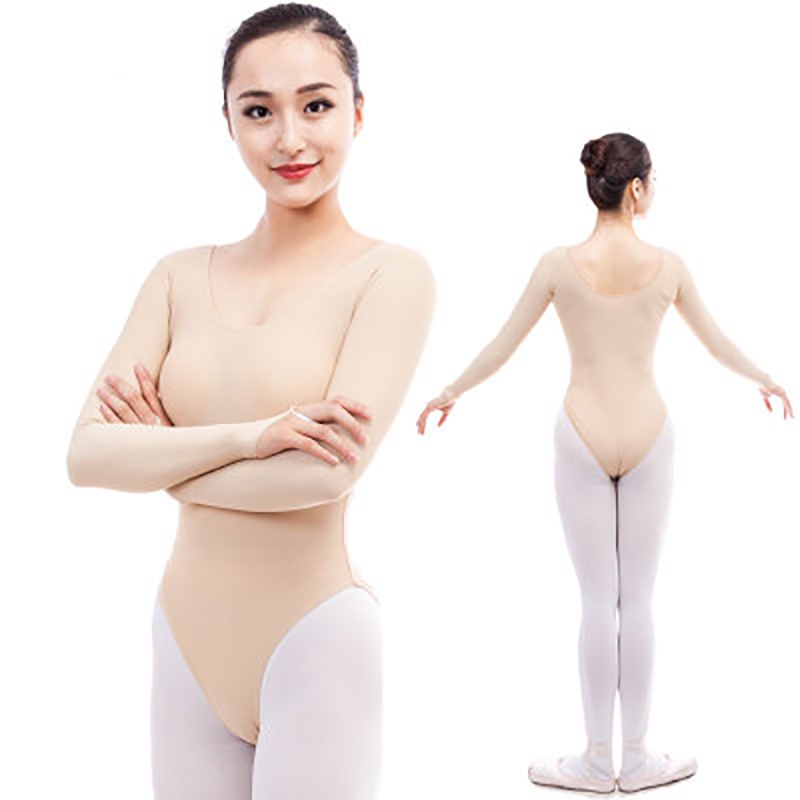 Nude Ballet Leotards for Girls Kids Dance Bodysuit Long Sleeve