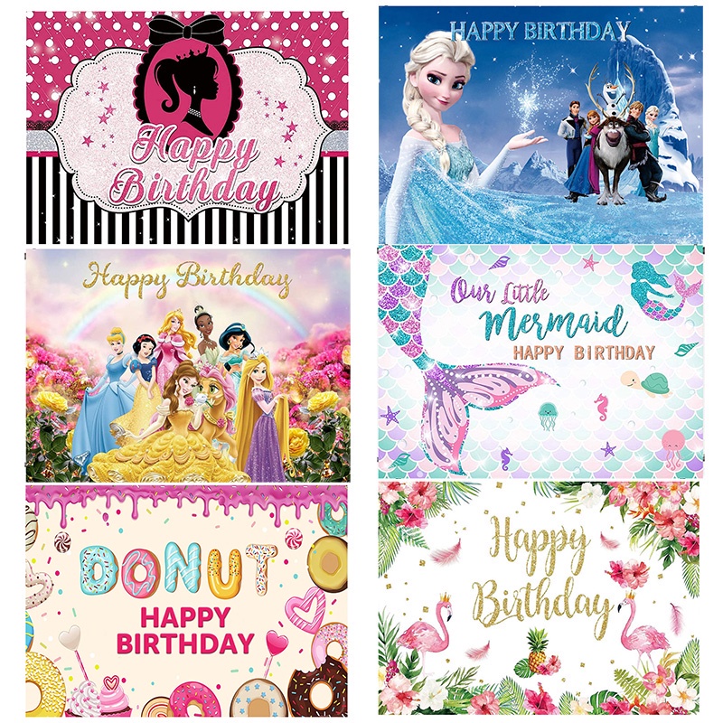 【150*100cm】Happy Birthday Backdrop Barbie Mermaid Princess Frozen