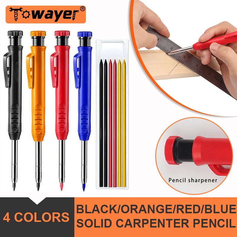 Solid Carpenter Pencil Set Woodworking Mechanical Pencil 4 Colors Refill Construction Job Tools
