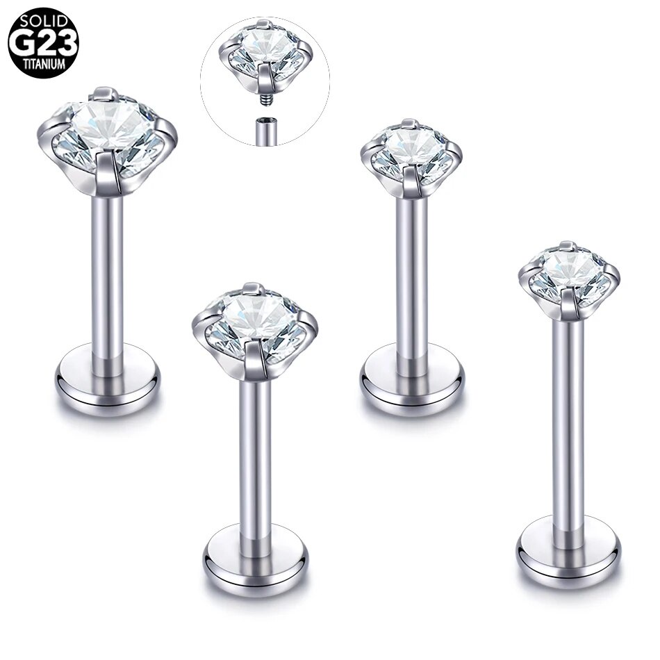 ⓞ1Pc G23 Titanium 16G Internally Threaded Lip Labret Piercing Crystal