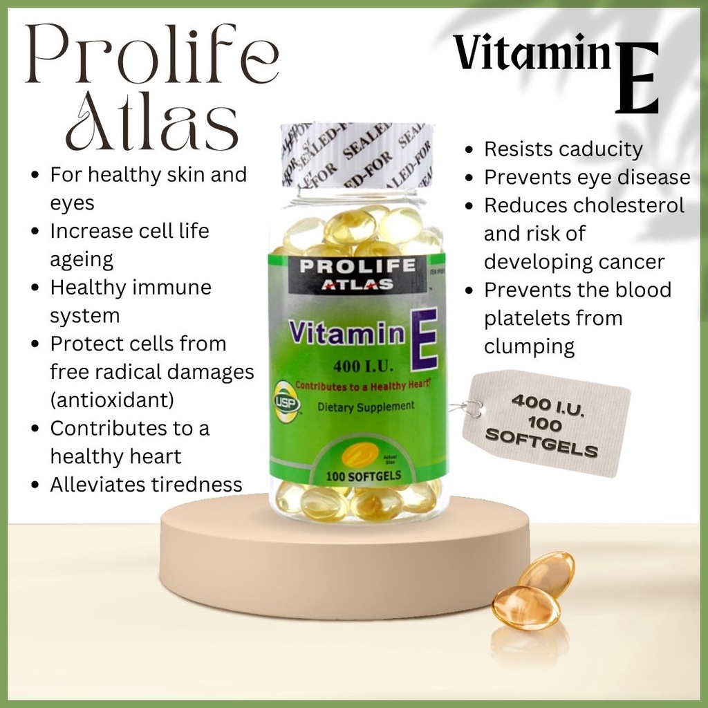 Prolife Atlas Vitamin E 400 I.U. 100 Softgels PER BOTTLE Improves Skin ...