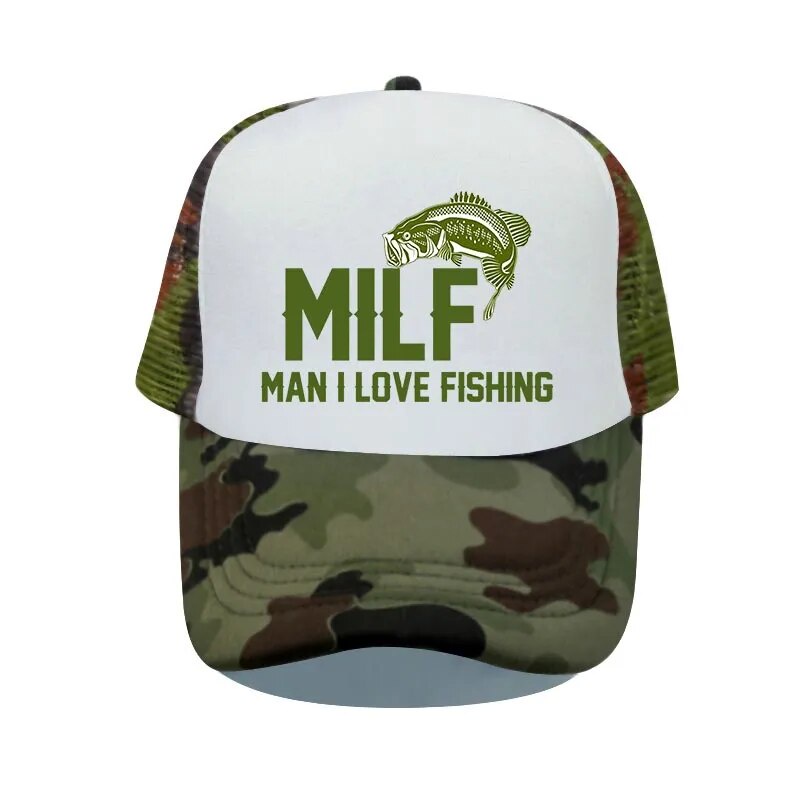 ┱Man I Love Fishing Slogan Mesh Trucker Hats MILF Bass Sun Protection  Snapback Cap Big Mounth Ba ☑N