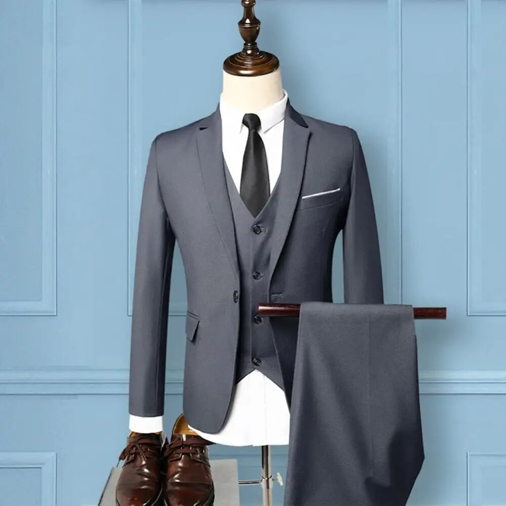 High-end Men Business Suit Set Men Solid Color Slim Fit Single-breasted ...