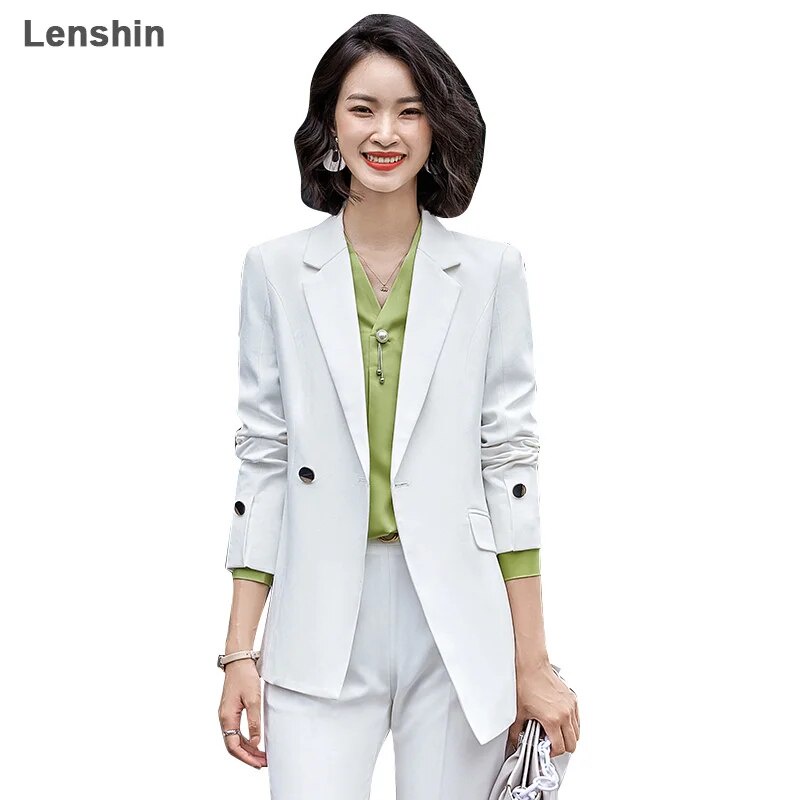 335 Lenshin High Quality 2 Piece Set Formal Pant Suit Yellow Blazer Office Lady Uniform Design 