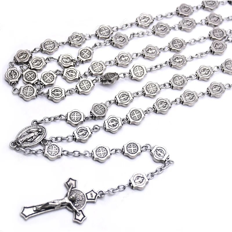 35k Vintage Silver Color Saint Benedict CSPB Medal Beads Chain Rosary ...