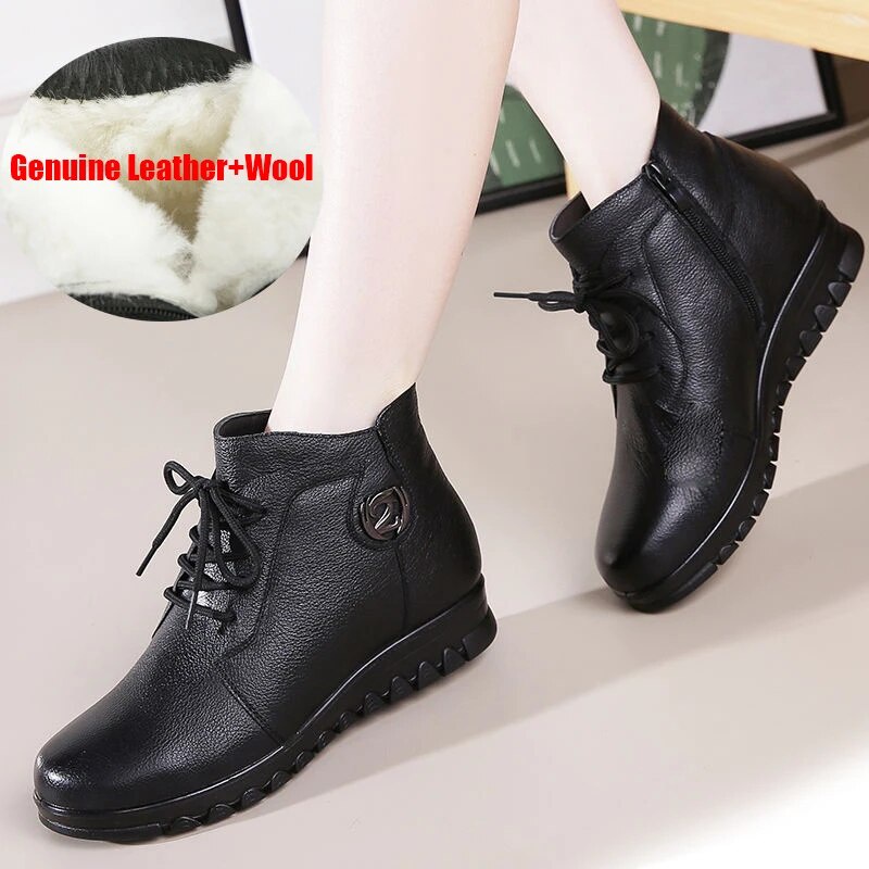 12i Oukahui Classic Black 2020 Winter Genuine Leather Ankle Boots For Women Low Heel Lace Up N 3563