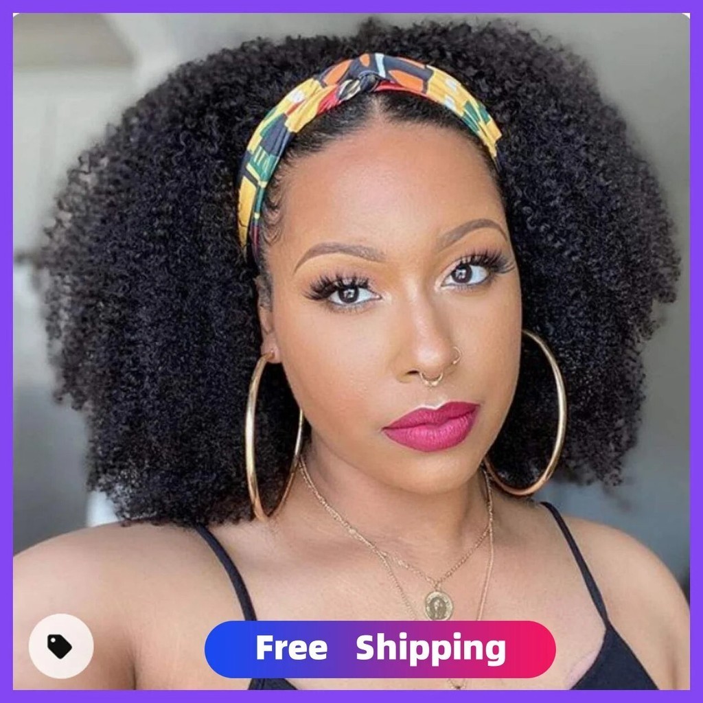 ♚Afro Curly Headband Wig Human Hair Natural Short Kinky Curly Bob Wig ...