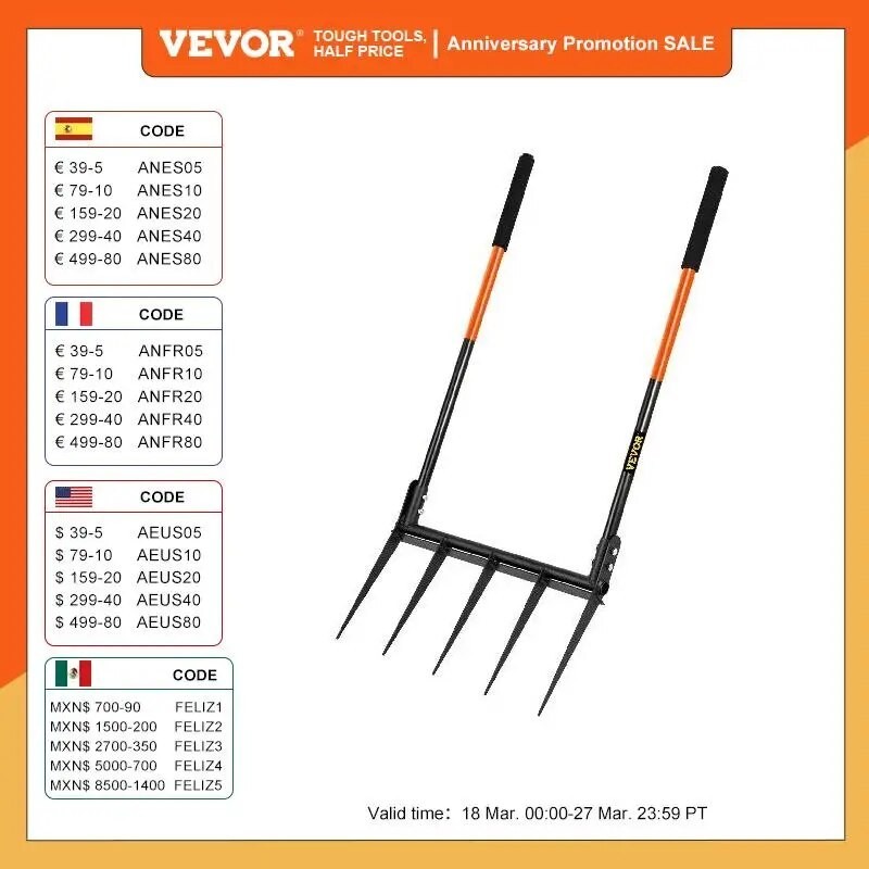 VEVOR Broad Fork Tool 5-6 Tines Hand Tiller Broadfork Cultivation Tool ...