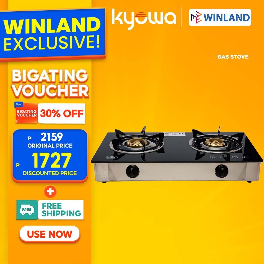 Kyowa by Winland Tempered Glass Double Burner Gas Stove with Cast Iron