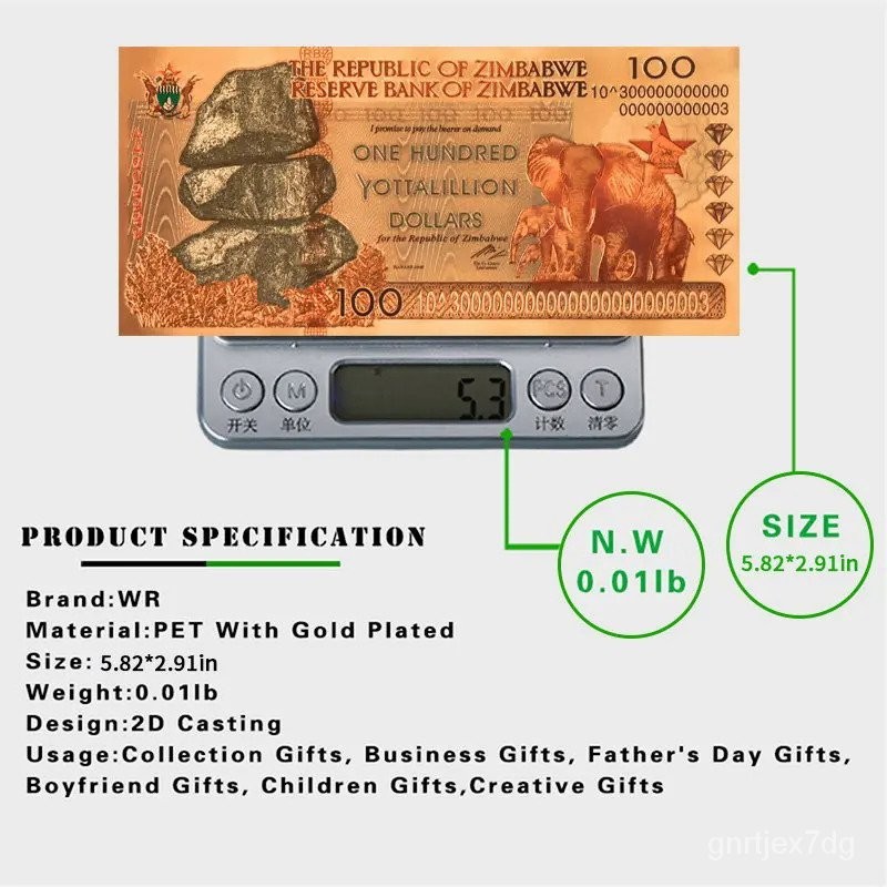 Zimbabwe Gold banknote Z100 Trillion /5 Trillion Dollar Zimbabwe Dollars banknote Replica Paper