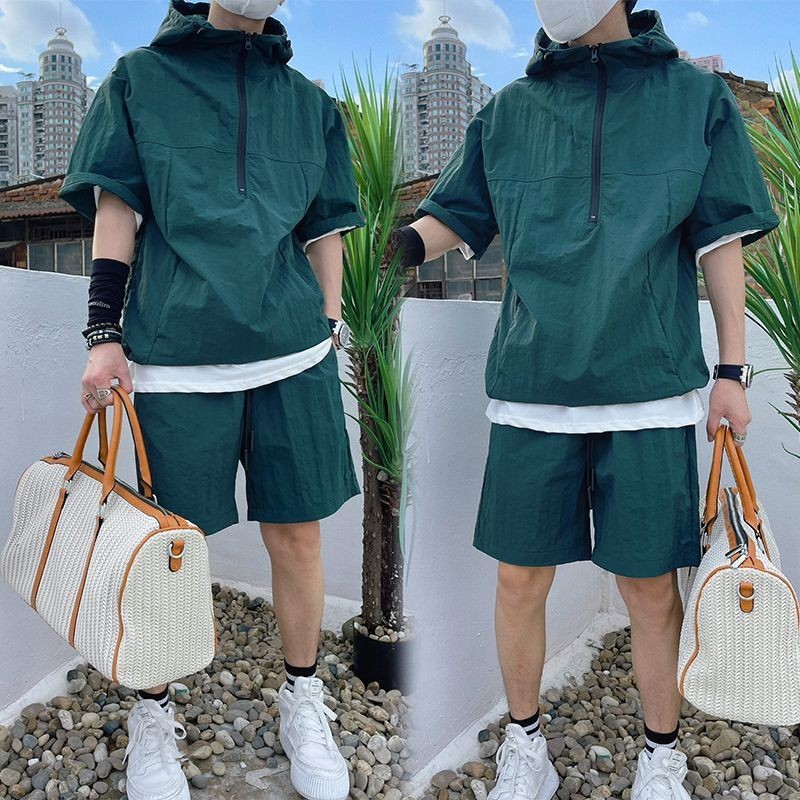 Summer Cargo Style Set Men's Casual Hooded Solid Short Sleeve T-shirt ...