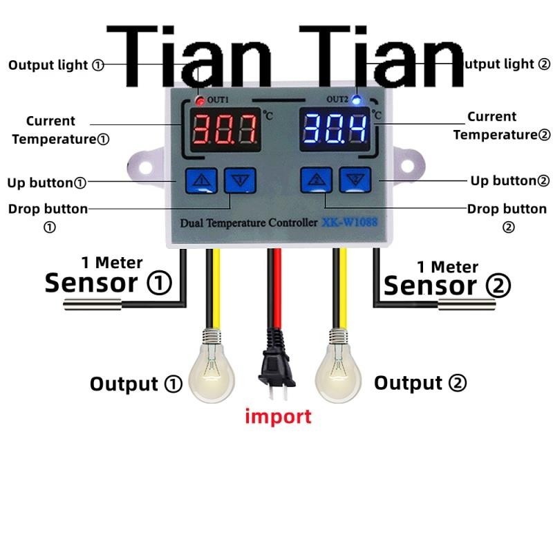 W1088 Dual LED Digital Temperature Sensor Meter Controller Electric ...