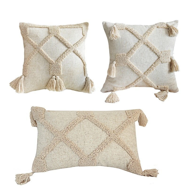 ♦Decorative Throw Pillow for Case Morocco Tribal Tassel Ethnic Rhombus