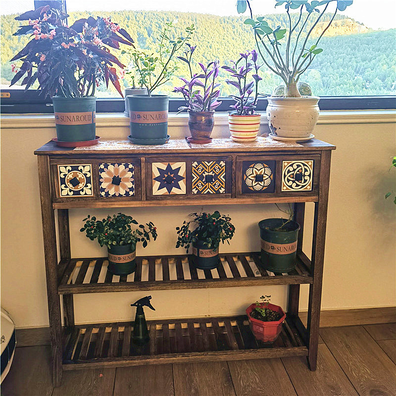 American style retro solid wood flower rack storage rack, balcony ...