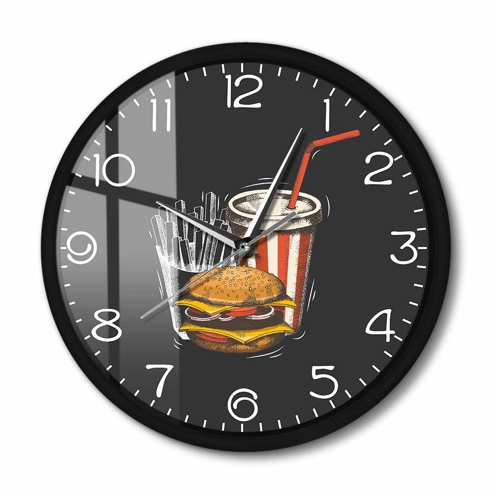 Best Fast Food In Town Metal Frame Round Clock Slient Hamburger French ...