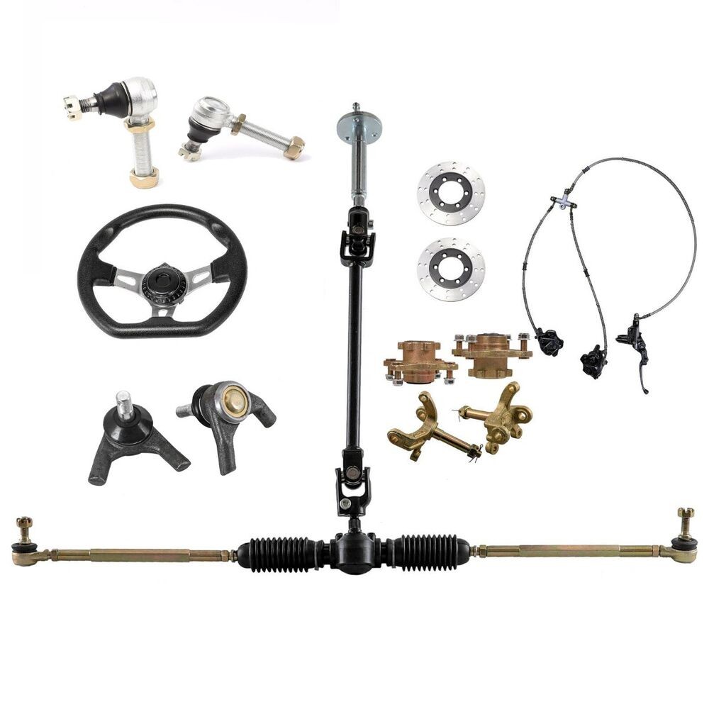 ☏ATV Go Kart Front Steering Wheel Gear Rack 4 stud Hub Spindle Brake ...