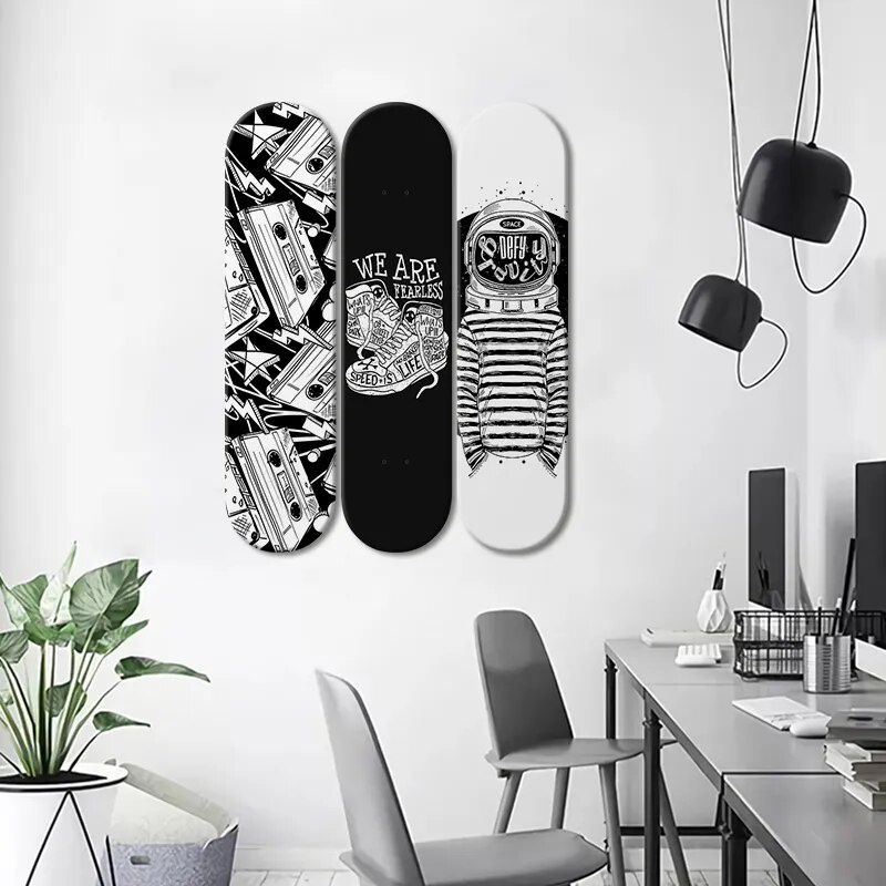 ☚Skateboard Wall Art Black and White Mural & Skate Deck Art Wooden