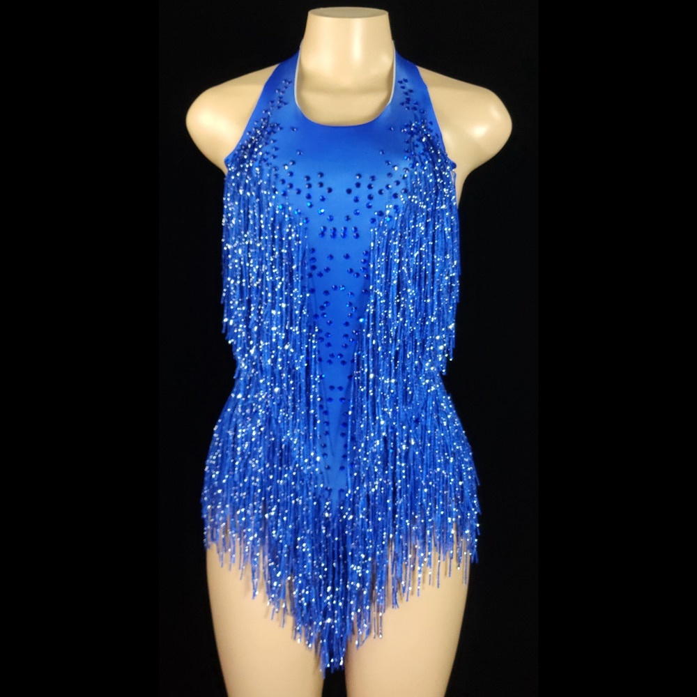 Sparkly Crystals Fringes Bodysuit Sexy Tassel Leotard Jazz Dance