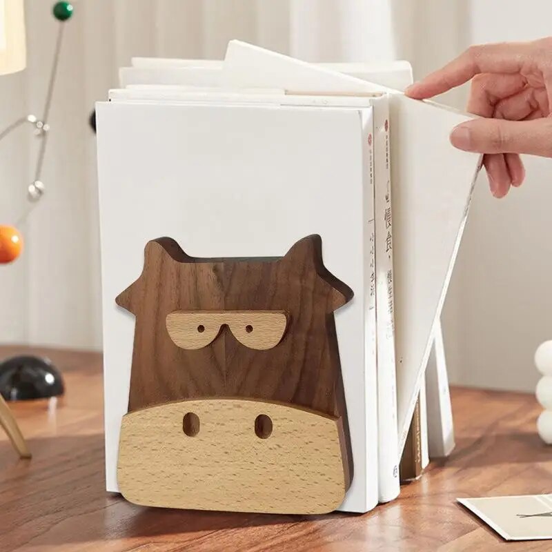 solid wood cute cartoon small cow shape bookends black walnut bookstand
