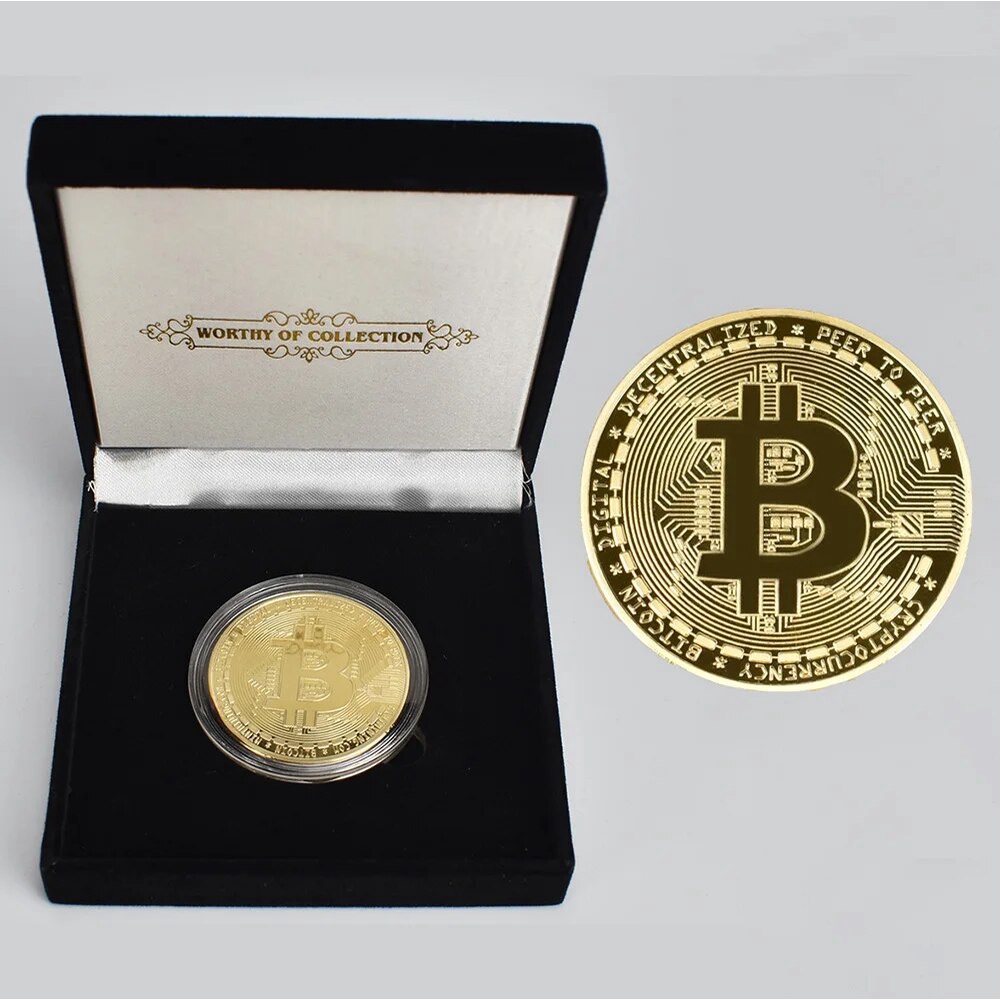BitCoin Physical Cryptocurrency Collection Coin In Velvet Gift Box Gold Or silver Plated Bit