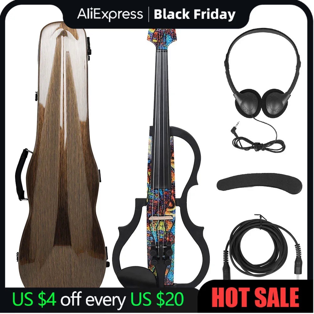 Headless Electric Violin 4/4 Carbon Fiber Fiddle With Bow Carry Case