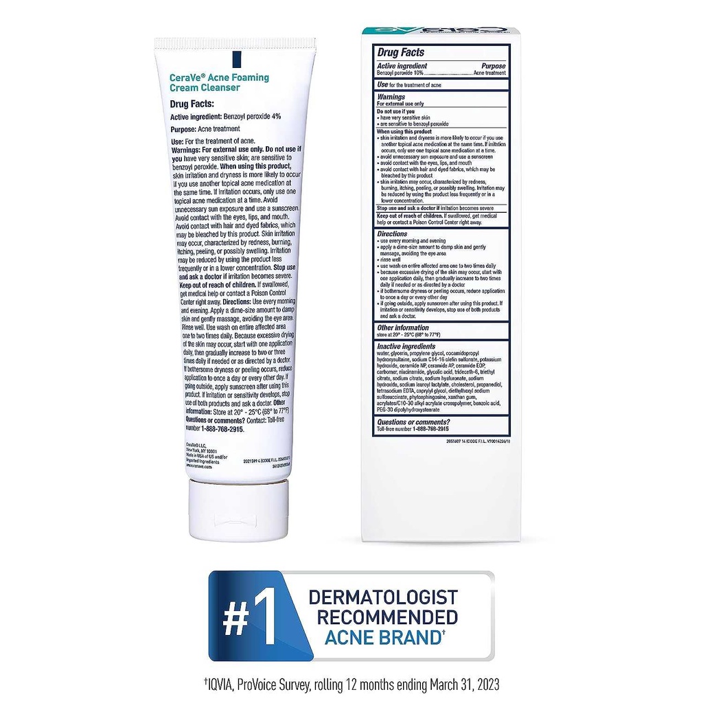 CeraVe Acne Foaming Cream Wash Face and Body Acne Wash with Benzoyl