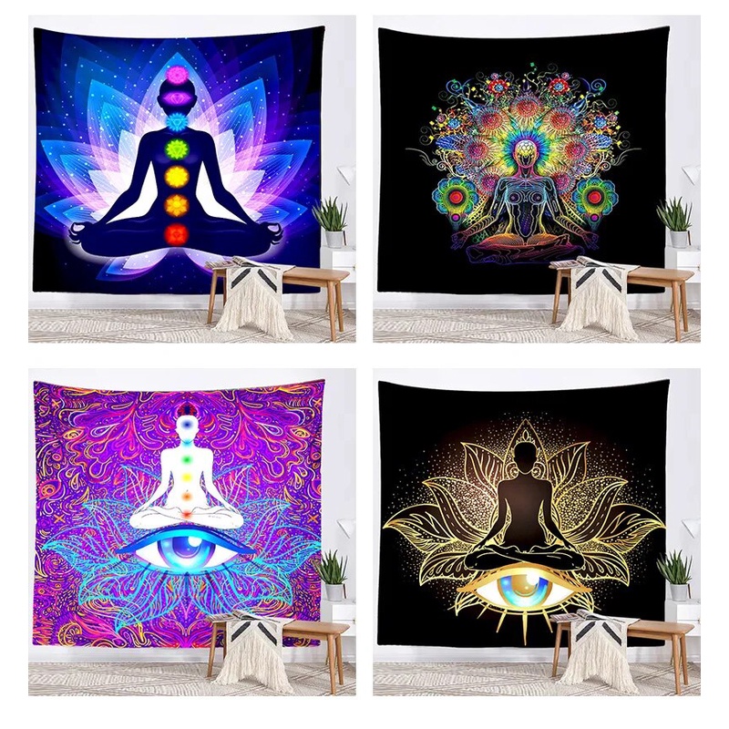 Indian Buddha Statue Meditation 7 Chakra Tapestry Wall Hanging Mandala