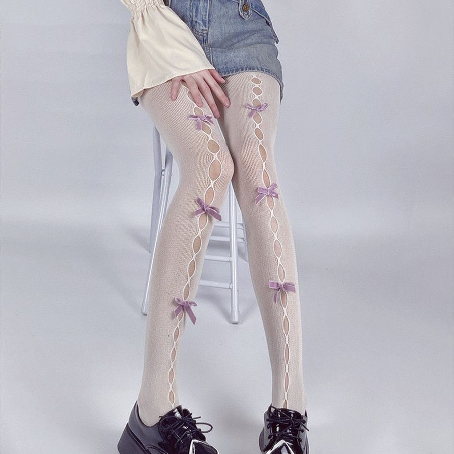 Y2k Milk White Hollow Handmade Bowknot Net Stockings lolita Black Silk ...