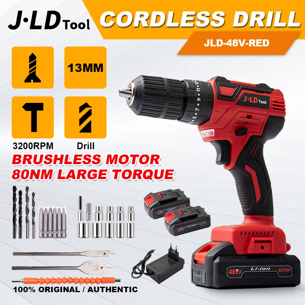 JLD 48V Cordless Brushless Drill Heavy Duty 13MM Power Tool RED Drill ...